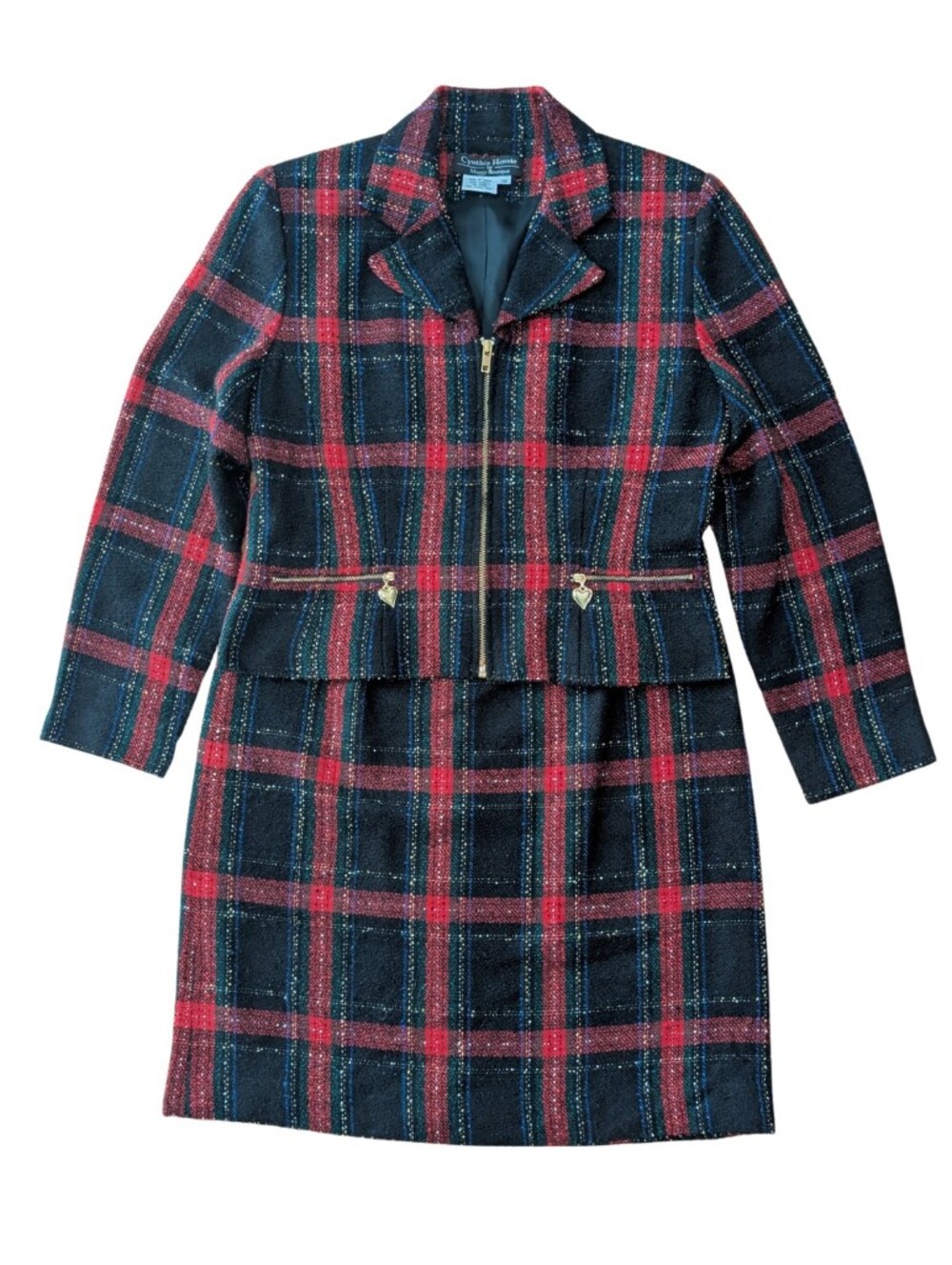 Vintage Cynthia Howie Maggy Boutique Plaid Tweed Skirt Suit Set Gold Heart 10